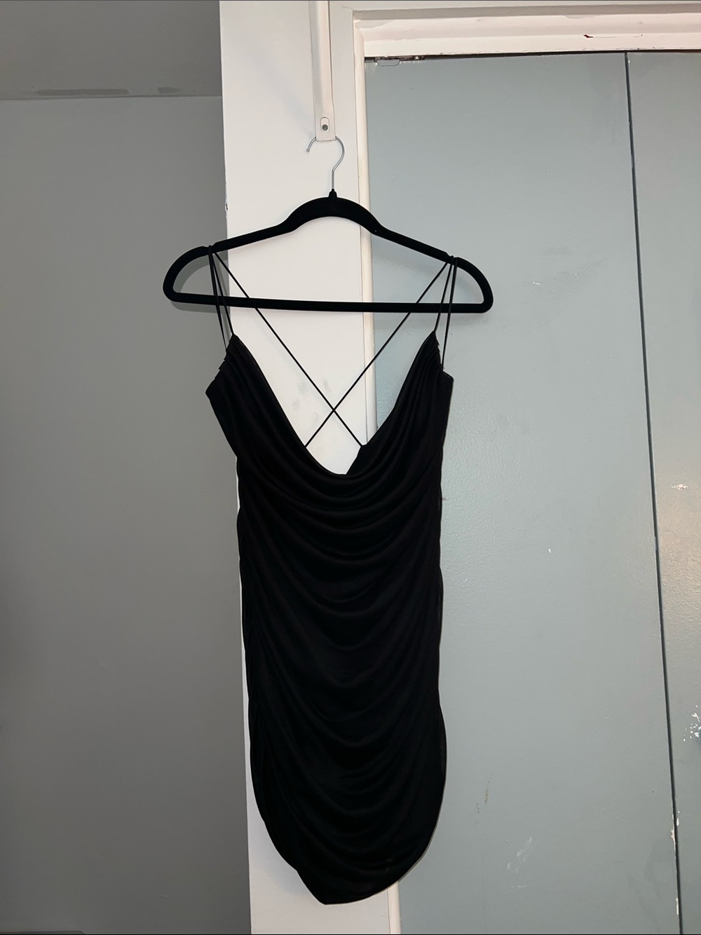 Garage Black Cowl Mini Dress with Crisscross Spaghetti Straps